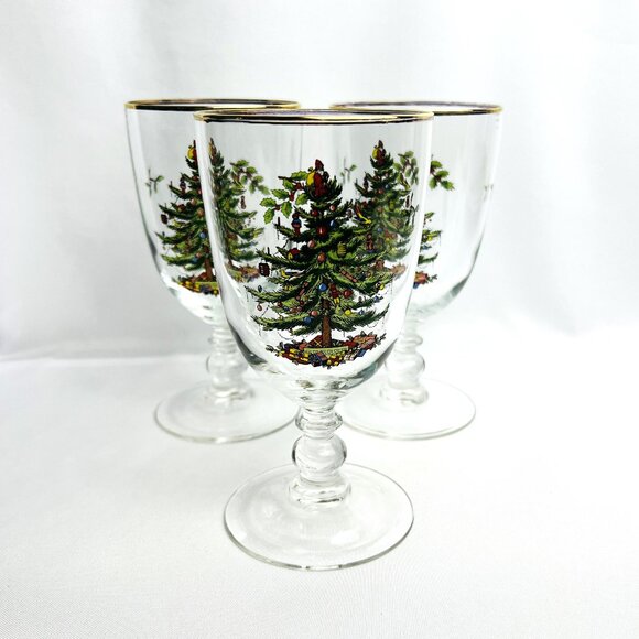 Spode Christmas Tree Vintage Pedestal Goblets Holiday Glasses Gold 16 oz 3 pcs. - Picture 1 of 9